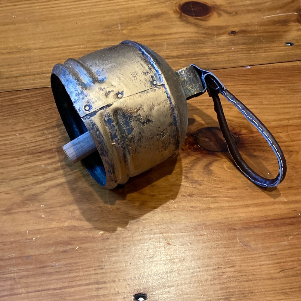 Antique DINNER BELL Cow Bell Metal Wood Leather